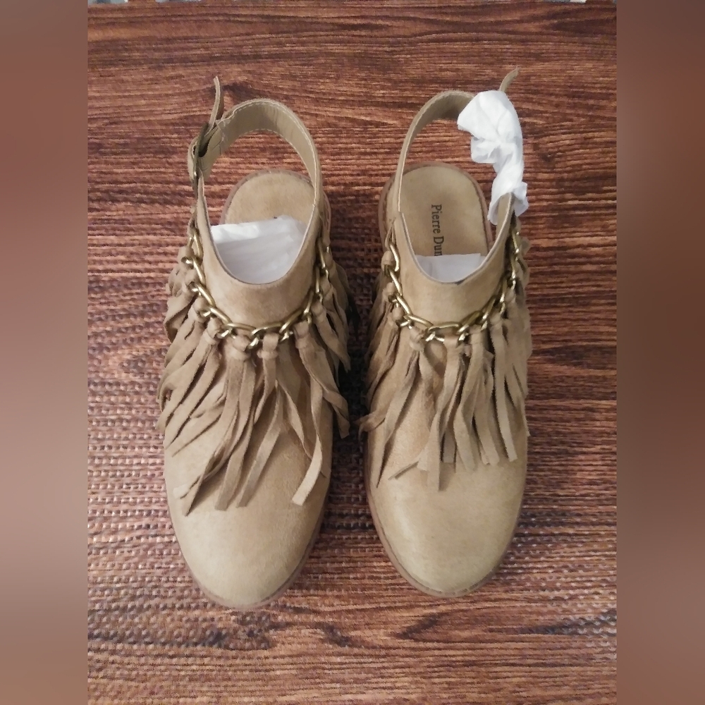 Pierre Dumas Beige Fringe Clogs with Gold Accent